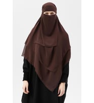 Hazır Pratik Şifon Üç Katlı Peçeli Üçgen Hac Umre Şalı Sufle Hijab Nikap (KAHVE)