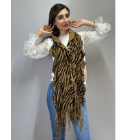 TRİKO LASTİKLİ FIRFIRLI ZEBRA DESENLİ KADIN FULAR ŞAL 160X35 CM (Kahverengi)