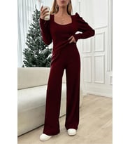 Kare Yaka Siyah Bluz Pantolon Kadın Alt Üst Takım (Bordo)