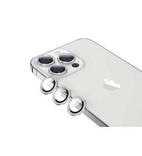 Uyumlu Model Apple iPhone 13 Pro Max Taşlı Kamera Lens Koruyucu Çerçeveli Koruyucu (Gümüş)