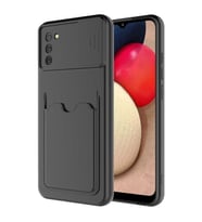 Galaxy A02S Kılıf Deri Görünümlü Kartlıklı Kamera Korumalı Silikon (Siyah)