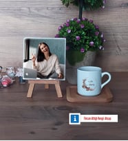 Doğum Günü Hediyesi İsme Özel Fotoğraflı Dekoratif Taş, Ahşap Altlıklı Türk Kahvesi Fincanı Hediye (Model 1)