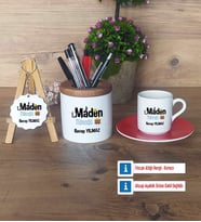 Maden Mühendisi Hediye Sepeti Kalemlik, Türk Kahvesi Fincanı Kırmızı, Ahşap Anahtarlık Hediye (Model 1)