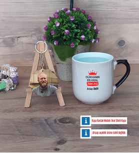 Amcaya Hediye Kupa Bardak Beyaz ve Fotoğraflı Ahşap Anahtarlık HediyeBabalar Günü Hediyesi (Model 10)