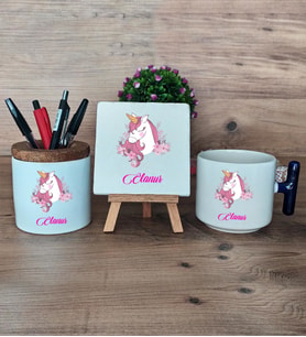 Unicorn Hediye Sepeti Kupa Bardak T Kulplu, Kalemlik ve Dekoratif Taş Kız Çocuğuna Arkadaşa Sevgiliye Doğum Günü Hediyesi (Model 2)