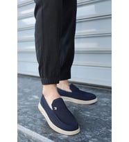 Erkek Garantili Rahat Dikişli Esnek Hakiki Deri Detaylı Triko Loafer TERRY-7992 (Lacivert)