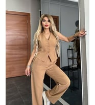 PANTALON YELEKLİ TAKIM İTHAL DABIL KUMAŞ Kadın Düğmeli Yelek Palazzo Geniş Paça Pantolon Ikili Takım (Açık Kahverengi)