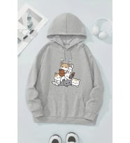 Meow Tatlı Kediler Baskılı Oversize Sweatshirt (Gri)