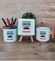 Erkek Öğretmene Hediye Hediye Sepeti Kupa Bardak T Kulplu, Kalemlik ve Dekoratif Taş Öğretmenler Günü Hediyesi (Model 7)
