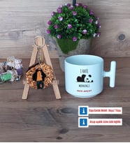 Sevimli Panda Kupa Bardak Beyaz ve Fotoğraflı Ahşap Anahtarlık Hediye (Model 12)