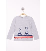 Toontoy Kız Çocuk Kedi Baskılı T-Shirt  ( Gri-Melanj)