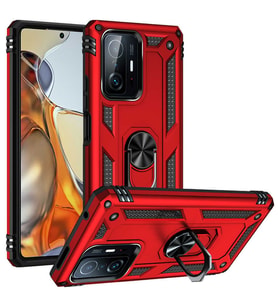 Xiaomi Mi 11T 5G Uyumlu Kılıf Standlı Manyetik Yüzüklü Military Magnetic Ring Polycarbonate and TPU Case (Kırmızı)
