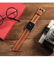 vagave Apple Watch Crazy Deri Kordon Oval Uçlu 42 44 45 mm Uyumlu (Hardal)