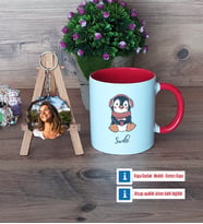 Tatlı Penguen Kupa Bardak Beyaz ve Fotoğraflı Ahşap Anahtarlık Hediye (Model 2)
