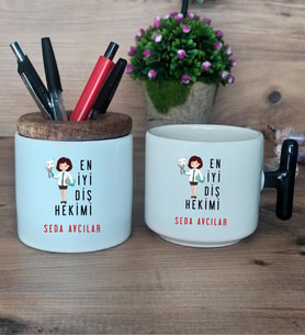 En İyi Diş Hekimi Hediye Sepeti Kupa Bardak T Kulplu, Kalemlik Hediyeleri Diş Hekimine Diş Hekimleri Günü Hediyesi (Model 6)