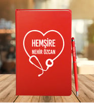 Kişiye Özel Hemşire Tasarımlı Deri Defter Ve Metal Roller Kalem (Kırmızı)