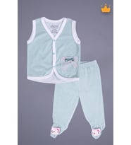Babyhola Kadife Yelek Patikli Pantolon Unisex Bebek 2'li Set Yeşil (Pembe)