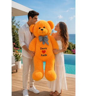 Kişiye Özel İsim Baskılı 130 Cm Papyonlu Büyük Ayıcık (%100 Yerli ) (Sarı)