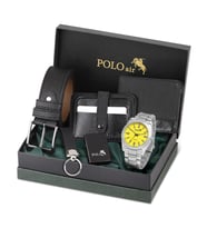 Polo Air Erkek Kemer Cüzdan Kartlık Çakmak Anahtarlık Kol Saati Hediyelik Kutusunda Set PL-0970E (Gümüş-Sarı)