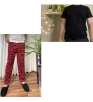 Regular Fit Alt Ekose Pamuklu Örme Bisiklet Yaka Erkek Pijama Takımı (Kırmızı-Siyah)
