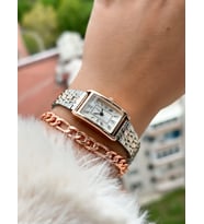 Marka Retro Model, Minimal Dikdörtgen Kasa ,Sarı Renk Kordon, Kadın KolSaati+Bileklik (Rose-Beyaz)