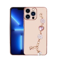 Apple iPhone 14 Pro Max Kılıf El Askılı Tutamaçlı Kamera Korumalı Renkli Gold Kenar Silikon Kapak (Pembe)