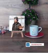 Pilot Fotoğraflı Dekoratif Taş, Ahşap Altlıklı Türk Kahvesi Fincanı Hediye (Model 3)