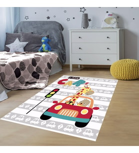 Animal Desenli Dijital Baskı Yıkanabilir Kaymaz Taban Çocuk Odası Halısı (Gri-Beyaz)