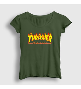 Presmono Kadın Beyaz Logo Thrasher T-Shirt 277781tt (Haki)