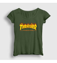 Presmono Kadın Beyaz Logo Thrasher T-Shirt 277781tt (Haki)