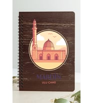 Mardin Ulu Camii Şehir Tasarım Ahşap Kapaklı Defter Kraft Kağıt Özel Tasarım (Gri - Siyah - Beyaz)