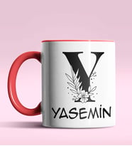 Kişiye Özel Y Harfi Romantik Tasarım Siyah Renk Kupa (Kırmızı)