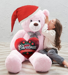 Yeni Yıla Özel:Elinde Baskılı Kalbi ile Papyonlu Peluş Ayı-140 cm (Pembe)