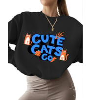 bisiklet yaka Sweatshirt kadın kalın Bej 3 iplik şardonlu erkek unisex Şirin kedi Baskılı Sweatshirt (Siyah)