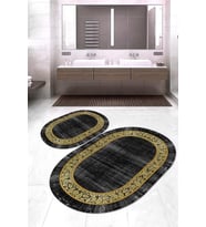 Dijital Baskılı Kaymaz Taban Yıkanabilir Oval 2'li Klozet Takımı Banyo Paspası NOKZ-SD-1071 (Gold)
