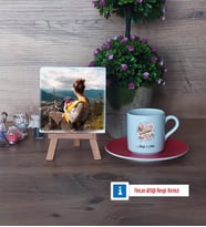 Anneye Hediye Fotoğraflı Dekoratif Taş, Ahşap Altlıklı Türk Kahvesi Fincanı Hediye (Model 3)