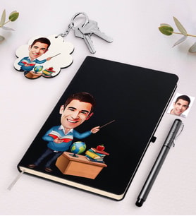 BK Gift Kişiye Özel Erkek Öğretmen Karikatürlü Beyaz Defter Kalem Ve Anahtarlık Hediye Seti-5 (Model 2)