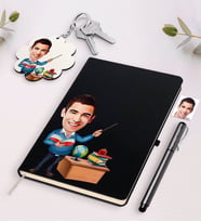 BK Gift Kişiye Özel Erkek Öğretmen Karikatürlü Beyaz Defter Kalem Ve Anahtarlık Hediye Seti-5 (Model 2)