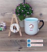 Unicorn Kupa Bardak Beyaz ve Fotoğraflı Ahşap Anahtarlık Hediye (Model 10)