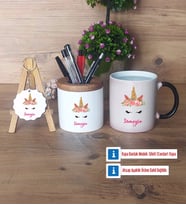Unicorn Hediye Sepeti Kalemlik, Kupa Bardak Sihirli, Ahşap Anahtarlık Hediye (Model 1)