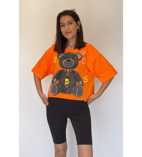 Kadın Ayıcık Baskılı Taş Süslemeli Kısa T-Shirt (Turuncu)