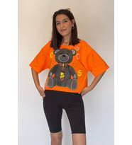 Kadın Ayıcık Baskılı Taş Süslemeli Kısa T-Shirt (Turuncu)
