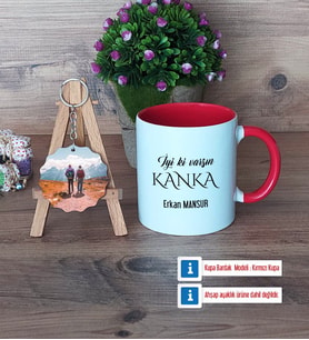 Kankaya Hediye Kupa Bardak Beyaz ve Fotoğraflı Ahşap Anahtarlık Hediye (Model 2)