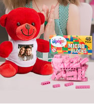 Kişiye Özel Peluş Kırmızı Ayıcık Ve Renkli Micro Blocks Lego (Pembe)