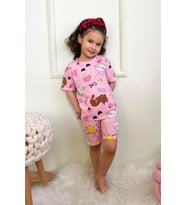 Kız Çocuk Pamuklu Penye Kumaş Şortlu Pijama Takımı  (Beyaz-Mavi)