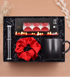 Kişiye Özel Kutusunda Touch Pen & Kupa & Saten Toka & 10'lu Kırmızı Mum Hediye Seti (Siyah)