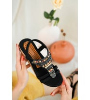 Khayt Rosa Anatomik Fashion Taşlı Günlük Kadın Sandalet (Siyah)
