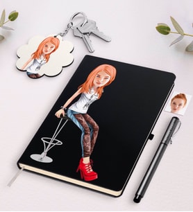 BK Gift Kişiye Özel Bayan Karikatürlü Beyaz Defter Kalem Ve Anahtarlık Hediye Seti-39 (Model 2)