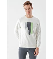 Slimfit Bisiklet Yaka Önü Baskılı 2 İplik Erkek Sweatshirt (Beyaz)