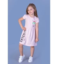 Toontoy Kız Çocuk Cebi Meow Nakışlı Taş İşlemeli Baskılı Elbise (Pudra)